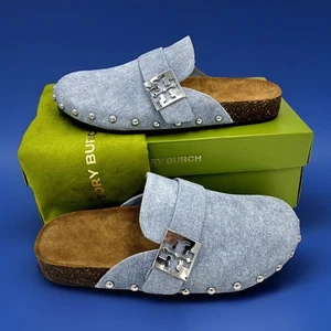 Tory Burch Women's Mellow Silver Stud Mule/Blue Cloud Denim Suede/Cork Sz 8 NIB - Picture 1 of 15