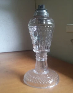 1850s WAFFLE & THUMBPRINT BLOWN/PRESSED GLASS SHORT STAND LAMP W/2 TUBE BURNER - Picture 1 of 11