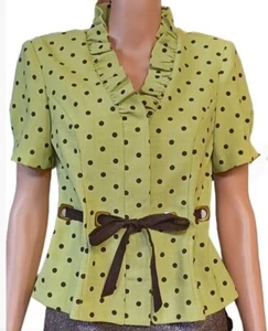 R&K Originals Women's Blouse Petite Size 6P Light Green Short Sleeve Polka Dot - Picture 1 of 10
