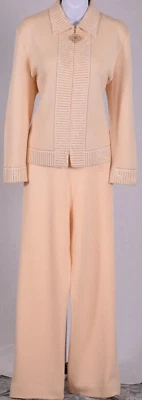 ST.JOHN Women's Knit Peach Sequins Gold Studs Trim Zip Jacket Pants Sz 12-14 - Image 1 of 4