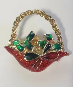 Gold Tone Red and Green Enamel Basket Brooch - Picture 1 of 6