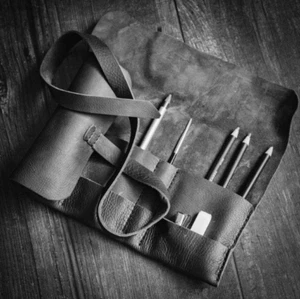 pencil pen bag pocket roll stationery case tool holder Cow Leather black H202 - Picture 1 of 4