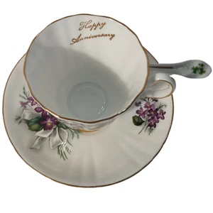 Royal Stafford "Happy Anniversary" Teacup, Saucer, and Spoon Set - Violet Floral - Picture 1 of 8