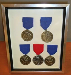 5 gerahmte Schwimmmedaillen, 4 blaue Bänder ersten Platz, 1 rotes Band zweiter Platz - Bild 1 von 3