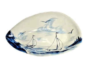 Hand Painted Ceramic Trinket Dish Shell-Shaped Oblong with Beach Theme Sailboats - Picture 1 of 10