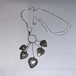 Sterling Silver Vintage Art Nouveau Puffy Repousse Heart Chatelaine Necklace - Picture 1 of 6