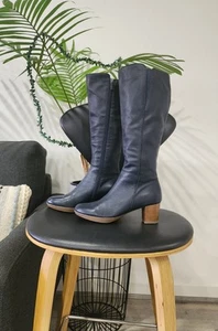 Leather Boot Long Knee High Django Juliette Navy Blue Soft Comfort Womens 37 6.5 - Picture 1 of 11