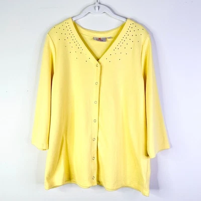 Quacker Factory Cardigan Women L Yellow Cotton Embellished Rhinestone Y2K Vtg - Image 1 of 4