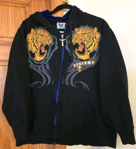 Vintage 90s Avirex Tiger Embellished Rhinestone Tattoo Full Zip Hoodie Black L - Picture 1 of 11