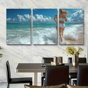 3pcs Woman Running on Sandy Beach I Wall Art Canvas Framed 50x70cm - Picture 1 of 2