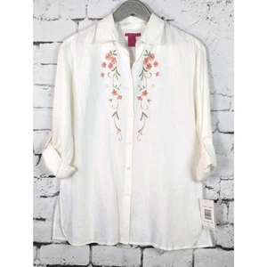 SUNNY LEIGH 100% Linen Floral Embroidered Boho Cottage Tunic Shirt Medium NWT - Picture 1 of 6