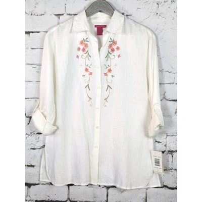 Camisa túnica SUNNY LEIGH 100 % lino floral bordada boho cabaña mediana nueva con etiquetas Foto 1 de 4