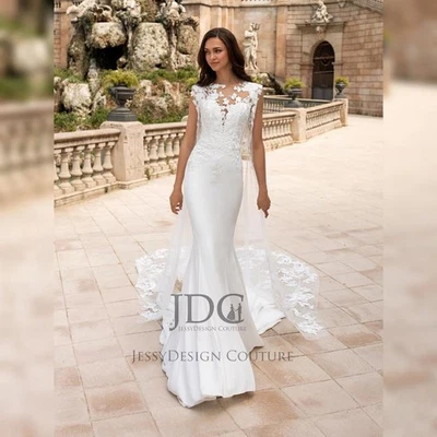 Königes Fit Flare Meerjungfrau Spitze Brautkleid Hochzeitskleid m.lange Schleppe - Bild 1 von 4