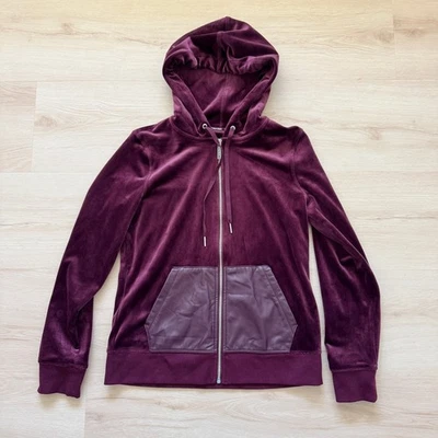 Calvin Klein Velour Zip Up Hoodie Jacket Womens XS Burgundy Faux Leather Pockets - Image 1 of 4