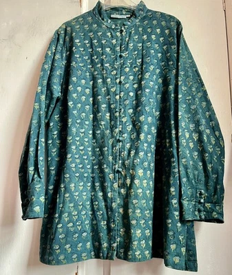 Fab винтажный * ACCACIA * синий зеленый блок печати хлопок мандарин воротник куртка XL - Изображение 1 из 4