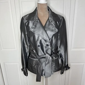 Women’s Silver Trench Coat Size 12 Short Cropped Removable Belt Faux Pockets - Picture 1 of 13