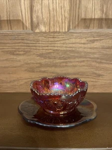 Ruby Red Iridescent Carnival Glass Bowl And Plate - Picture 1 of 6