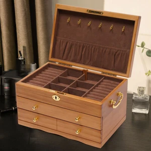 Joyero de madera de gran capacidad 3 capas con cerradura de seguridad organizador de almacenamiento retro - Imagen 1 de 24