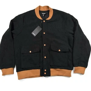 True Religion Black Fleece Bomber Jacket Mens Medium Embossed Logo Snap NWT - Picture 1 of 12