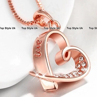 Love Engraved Heart Necklace Pendant Chain Rose Gold Gift for Women Wife - Image 1 of 4