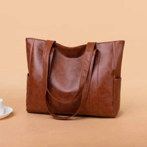 Women's Large Brown PU Leather Minimalist Classic Shoulder Tote Bag Handbag Work - Picture 1 of 3