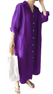 GGUHHU Womens Chic Button Down Rolled-Up Sleeve Long Cotton Blouse Maxi Dress - Picture 1 of 3