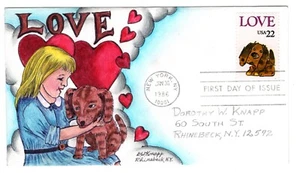 #2202 Love Puppy Dorothy Knapp Hand Painted Cachet 1986 FDC - Picture 1 of 1
