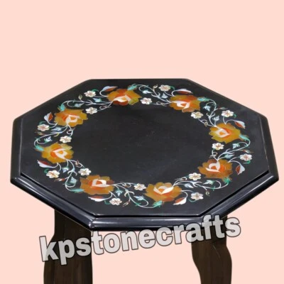 Octagonal Black Marble Bedside Table Inlaid with Semi Precious Stones | Handmade - Image 1 of 4