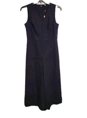 Tahari Wide Leg Romper Jumpsuit 6 Navy Blue Linen Blend Sleeveless V-Neck New - Image 1 of 4
