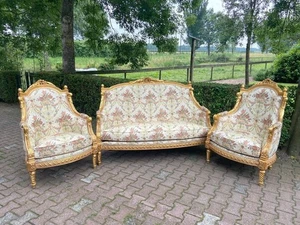 Sofa with Chairs French Louis XVI Rococo Gold Leaf Damask Upholstery 1940s Set - Picture 1 of 23