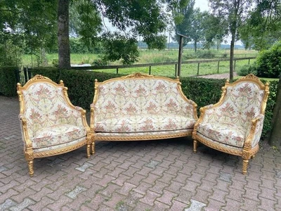 Sofa with Chairs French Louis XVI Rococo Gold Leaf Damask Upholstery 1940s Set - Image 1 of 4