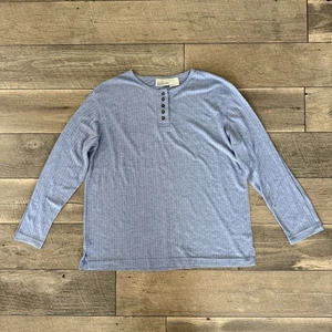 Y2K Basic Editions Blue Ribbed Knit Henley Shirt Long Sleeve Top Shirt Womens L - Picture 1 of 7