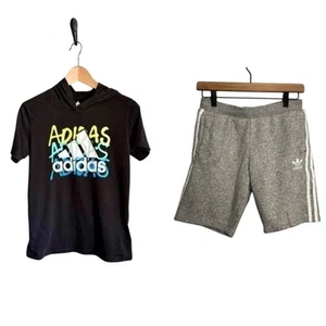 Adidas Black Hood T-Shirt and Gray Sweat Shorts Boys Medium - Picture 1 of 10