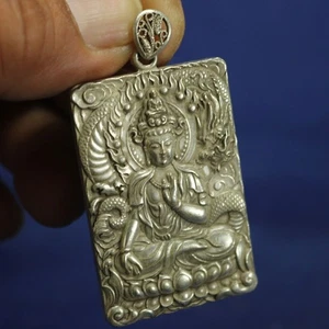 Chinese Old Tibet Silver Carved Kwan-yin&Dragon Statues Amulet Necklace Pendant - Picture 1 of 6