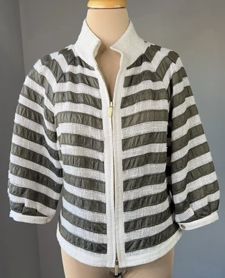 Chaqueta de bombardero James Perse verde caqui a rayas mezcla de lino para mujer S 6 Foto 1 de 4