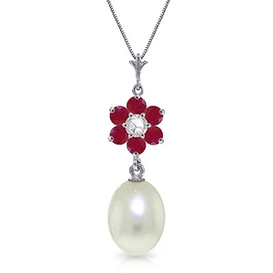 4.53 CTW 14K Solid White gold fine Necklace 18" genuine pearl Ruby Diamond - Picture 1 of 6