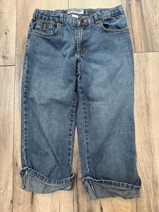 Old Navy Girls Size 12 Rolled Cuff Cropped Capri Blue Jeans Floral Embroidery Po - Picture 1 of 8