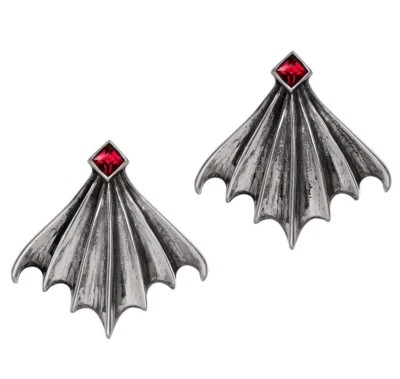 Alchemy Gothic Nighttime Earrings Large Bat Wings Red Crystal Surg Posts E484 - Image 1 of 3