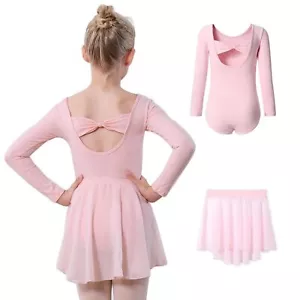 Long Sleeve Pink Girls Ballet Leotards with Removable Skirt Toddler Hollow Ba... - Picture 1 of 8