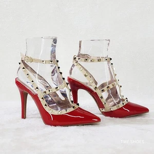Caged Bright Red Studded Strappy Stiletto High Heel Shoes - Picture 1 of 6