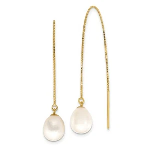14k 7-8mm White Teardrop FW Cultured Pearl Box Chain Threader Earrings - Picture 1 of 3