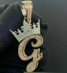 G Letter 3Ct Round Cut Lab-Created Diamond Pendant 14K Yellow Gold Plated Silver - Picture 1 of 4