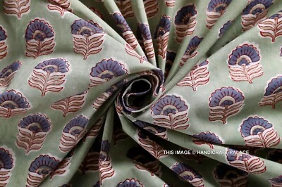 Indian 5 Yard Hand Block Floral Print 100% Cotton Dressmaking Craft Fabric Green - Image 1 of 4
