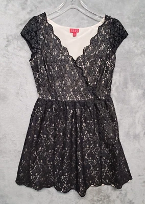 Vestido Elle para mujer talla 6 negro floral encaje superpuesto cuello en V manga gorra forrado Foto 1 de 4