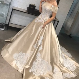 Elegant Satin Wedding Dresses Off Shoulder Sweep Train Lace Applique Bridal Gown - Picture 1 of 10