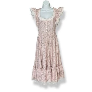 Gunne Sax Dress Prairie 70s Floral Lace Short Sleeve Pale Pink Retro Junior Midi - Picture 1 of 15