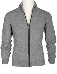 Fioroni Strickjacke in grau meliert aus Kaschmir mit brauner Velourslederkante - Bild 1 von 12
