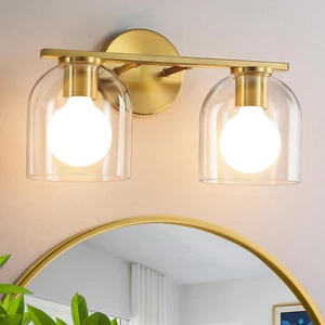 Modern Gold Bathroom Light Fixtures: 14.2 Inch over Mirror, 2 Light Fixtures wit - Picture 1 of 7