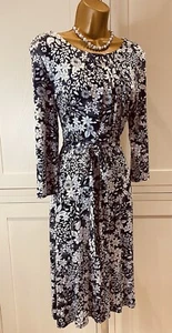 Laura Ashley UK 12 Blue & White Floral Print Long Sleeve Stretchy Jersey Dress - Picture 1 of 16