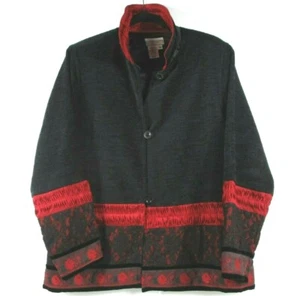 COLDWATER CREEK Women’s Sz M Black & Red Acrylic Button Front Jacket Lace Detail - Picture 1 of 7